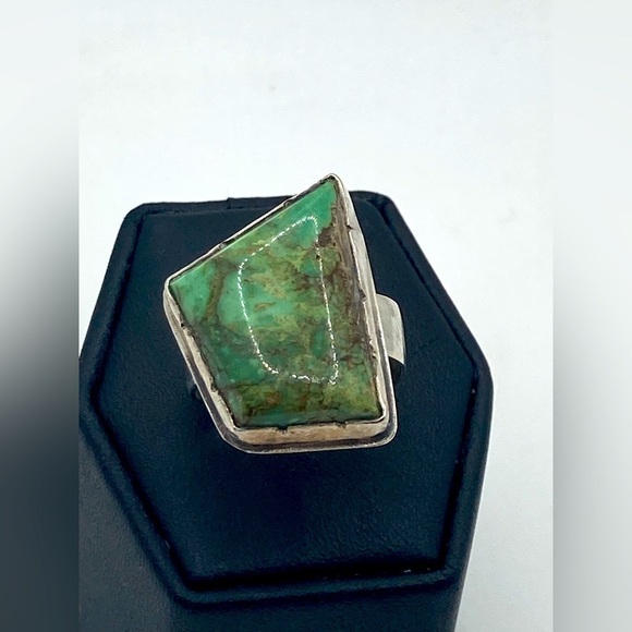 Vtg Navajo Sterling Green Turquoise Rustic Abstract Setting Ring Sz 8.25 - 8.5 - Picture 6 of 12